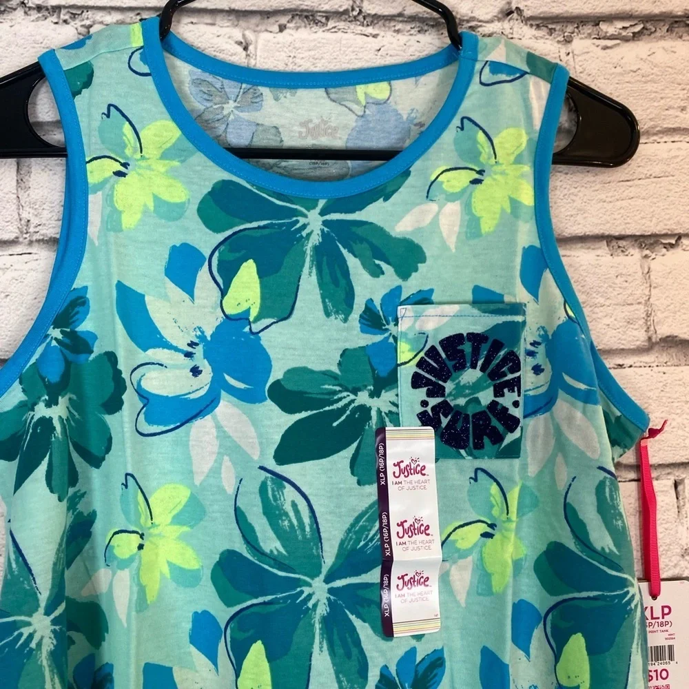 Justice Girls Size XLP (16P/18P) Blue Floral Front Tie Knot Tank Top ~ NWT
